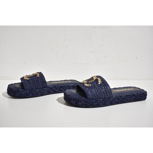 Chanel 21C Navy Blue Cord Gold Chain CC Logo Mule Slide Slip On Sandal Flat 37 - Picture 10 of 12